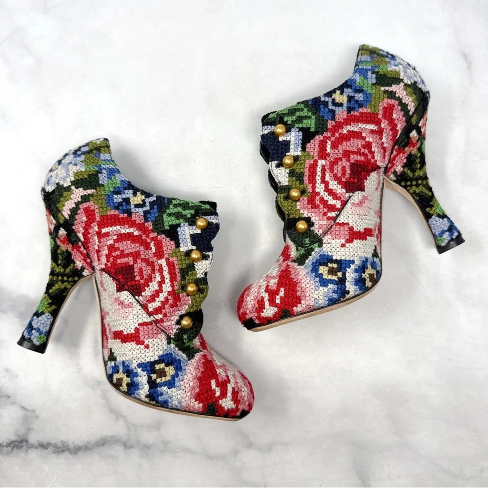 Dolce & Gabbana Vintage Y2K Floral Tapestry Crochet Ankle Bootie Boots Retro 39
